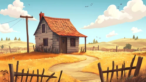 Small wooden farmhouse stands in bright stylized wheat field