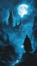Moonlit wizard’s walk toward a distant enchanted castle.