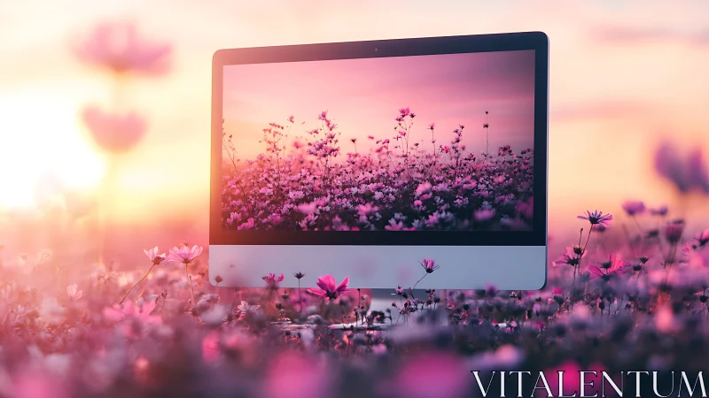 Desktop monitor frames pink meadow within atmospheric sunset glow