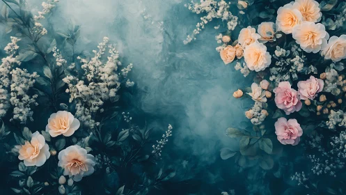 Overhead Arrangement: Layered Floral Composition with Teal Atmospheric Depth