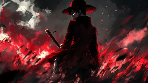 Backlit swordsman in red coat amid dynamic crimson flames