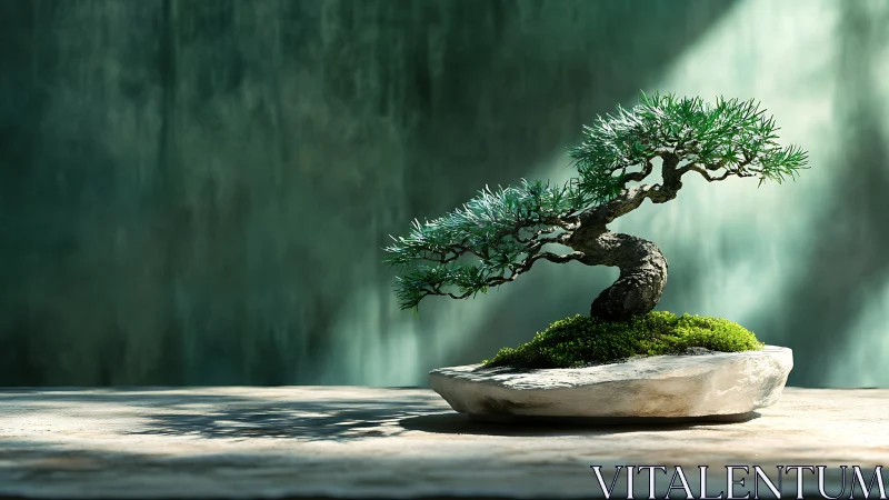 Minimalist bonsai composition in shallow stone planter under light.