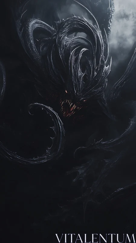 Ancient void demon coils in darkness with burning embers