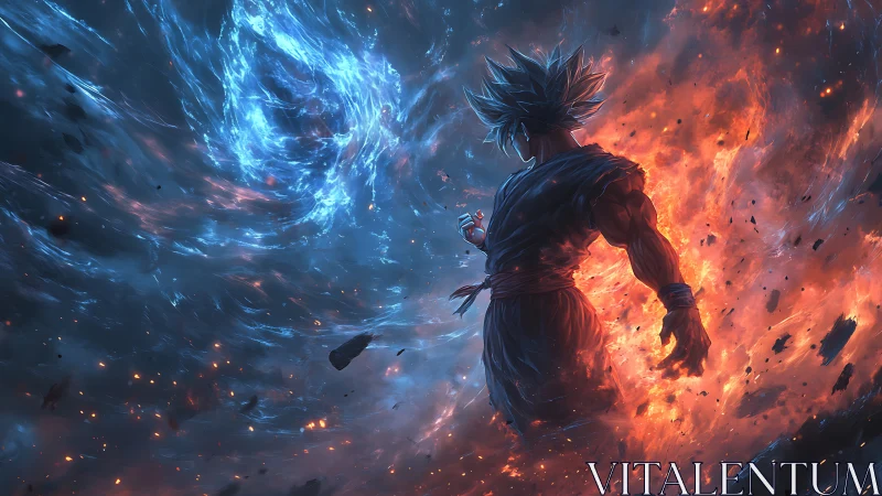 Warrior stands between swirling blue vortex and firestorm