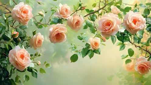 Soft peach roses on leafy garden branches in bloom.
