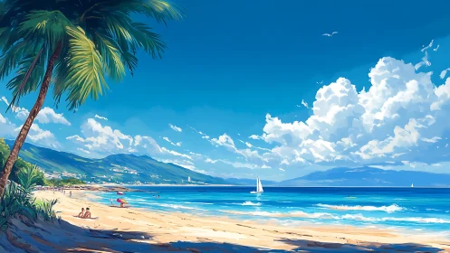 Tropical shoreline with palm trees, distant hills and boats.