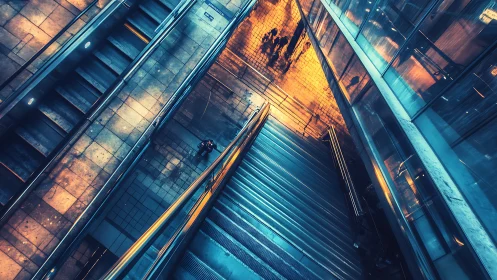 Urban stairway and escalators in contrasting night lighting.