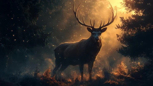 Majestic stag stands in glowing enchanted forest light.