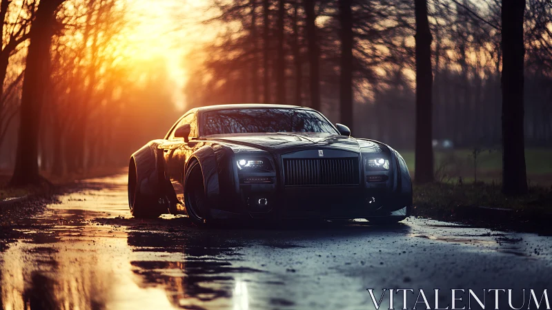 Evening luxury coupe waits on a quiet, rain-soaked road