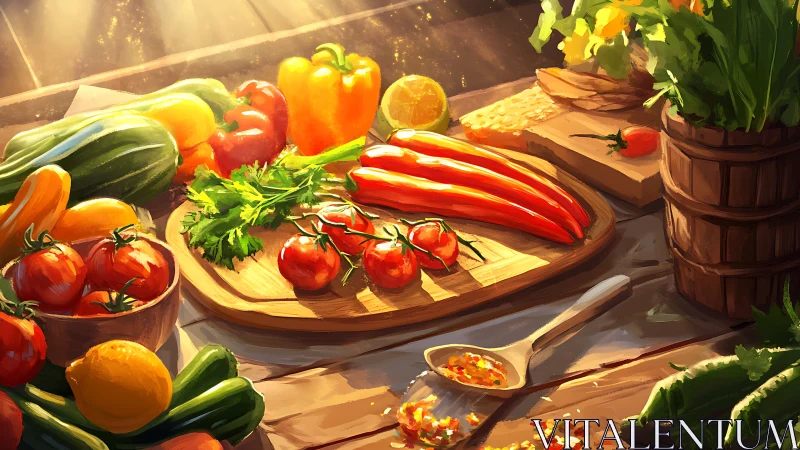 Sunlit rustic still life renders fresh vegetables in detail