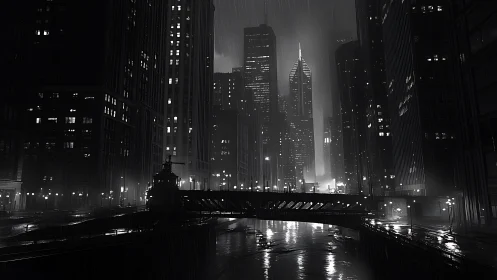 Rain-soaked midnight bridge under a neon-spiked skyline.