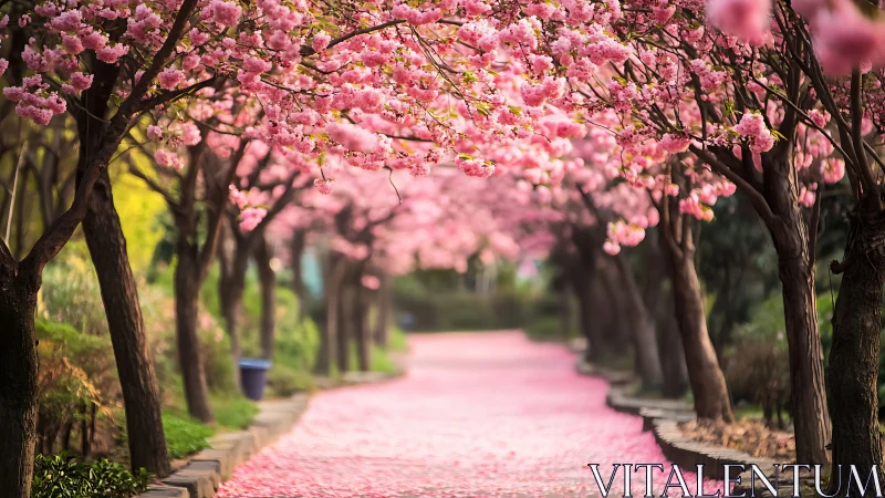 Cherry blossom tree tunnel over petal-covered park pathway