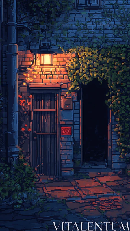 Warm lamplight welcomes you to a quiet ivy covered doorway