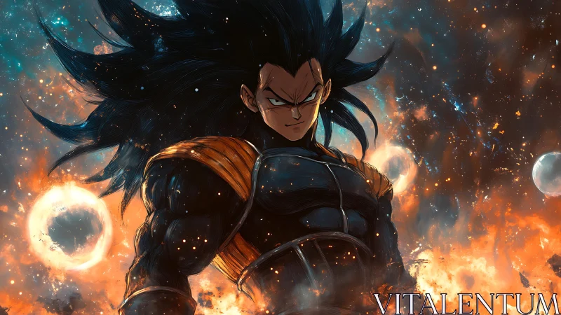 Saiyan warrior amid burning cosmic storm of energy.