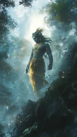 Blue-skinned deity figure descending through misty forest