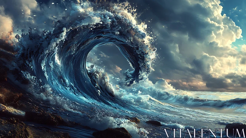 Oceanic wave curl under dense cumulonimbus cloud cover.