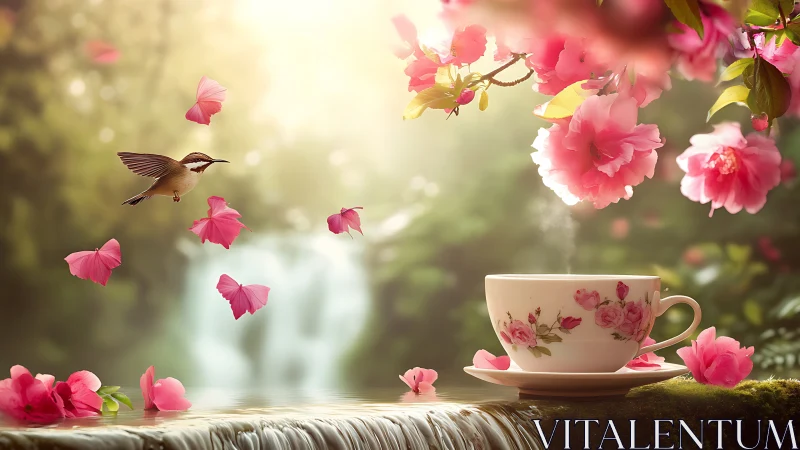 Morning tea drifts softly beneath blossoms and gentle wings