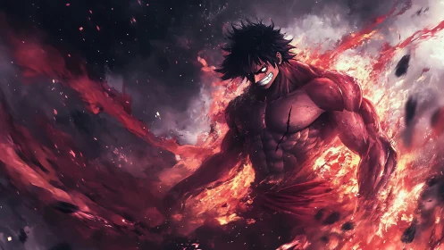 Muscular anime fighter engulfed in swirling red flames.