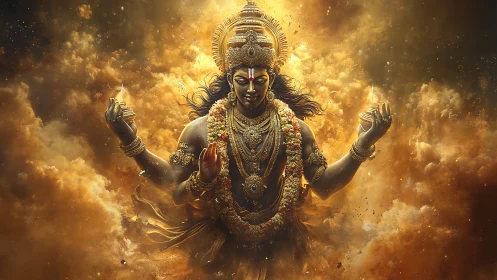 Radiant deity emerges in swirling golden celestial clouds