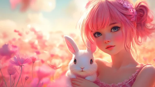 Pink-haired girl cradles white bunny in dreamy flower field.