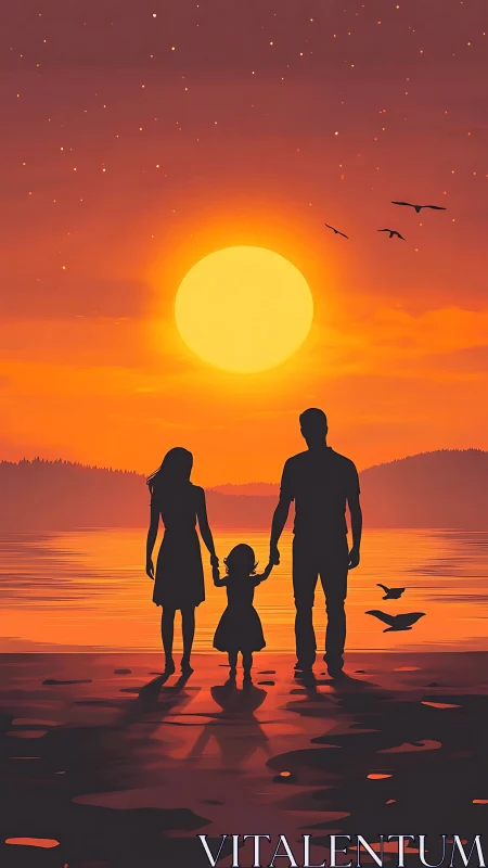 Silhouetted family watching sunset over calm shoreline.