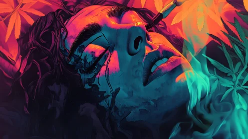 Neon-lit surreal portrait with cannabis leaves and syringe.