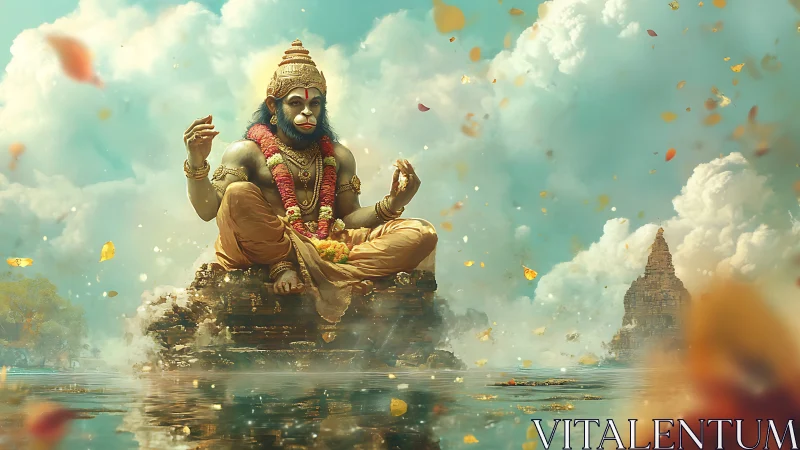 Majestic monkey-headed deity statue over tranquil water.