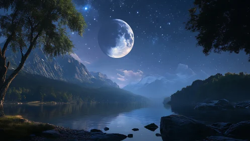 Moonlit alpine lake under clear star-filled night sky.