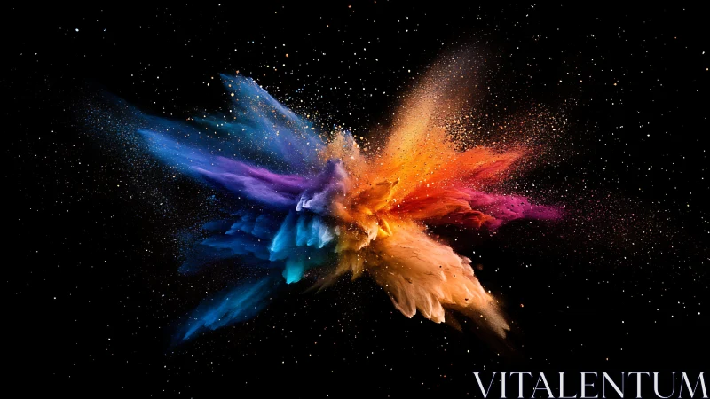 Digital painting of radial pigment explosion on black field.