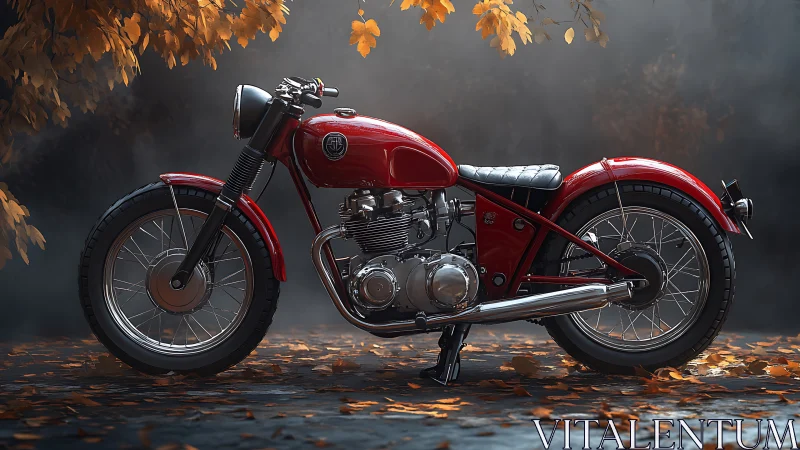 Vintage red motorcycle stands on leaf-covered ground outdoors