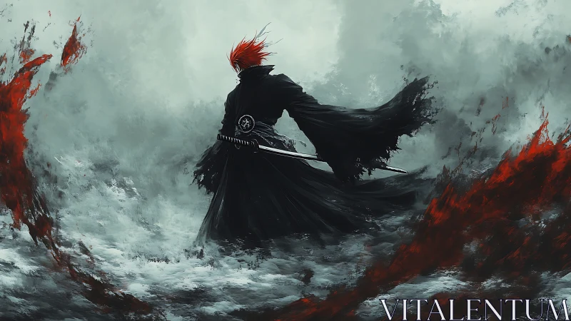 Lone red‑haired swordsman wandering a storm of ashes.