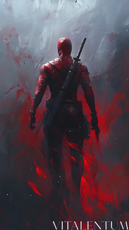 Red armored figure stands amid abstract gray and red field