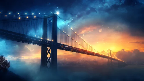 Suspension bridge glowing above mist at cosmic sunset.
