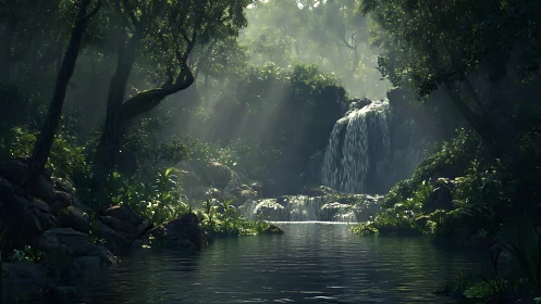 Waterfall Hidden in Misty Jungle Canopy