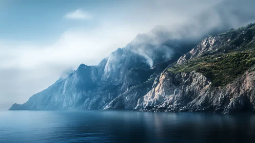 Coastal cliffs rise through morning mist above still water.