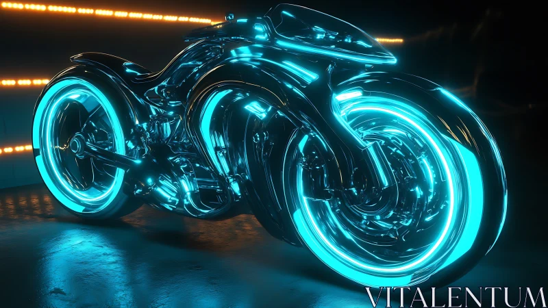 Gleaming neon motorbike glows boldly in a sleek dark studio