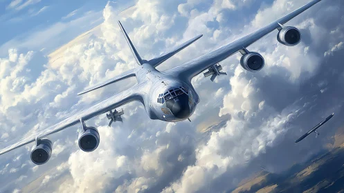 High-altitude jet bomber rendered with dynamic atmospheric lighting