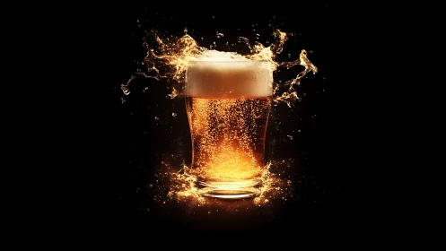 Glass of carbonated beer stands centered against black background