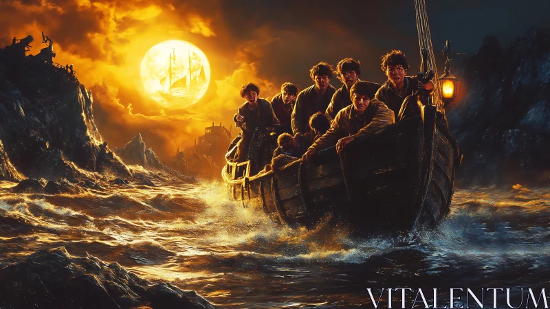 Boat of young men advances through storm waves at sunset
