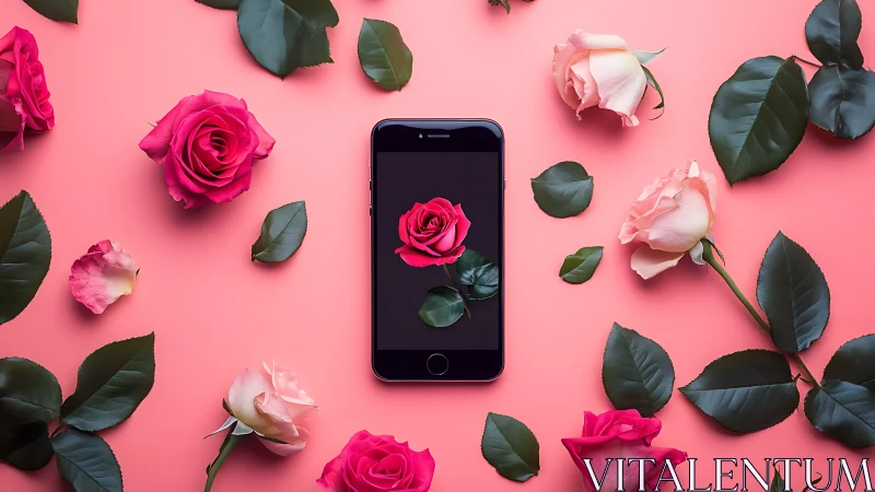 Smartphone flat lay with vivid roses on coral backdrop.