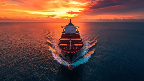 Cargo ship moves toward vivid orange ocean sunset horizon.