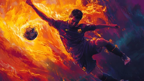 Fiery soccer strike merges athlete motion and blazing color.