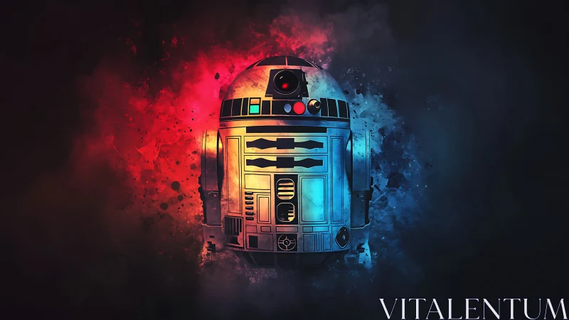 Robot droid illustration centered in red and blue nebula glow