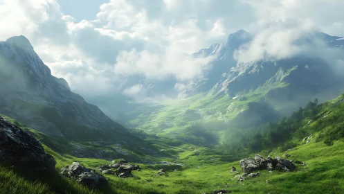 Photoreal alpine valley with misted peaks and soft skylight.