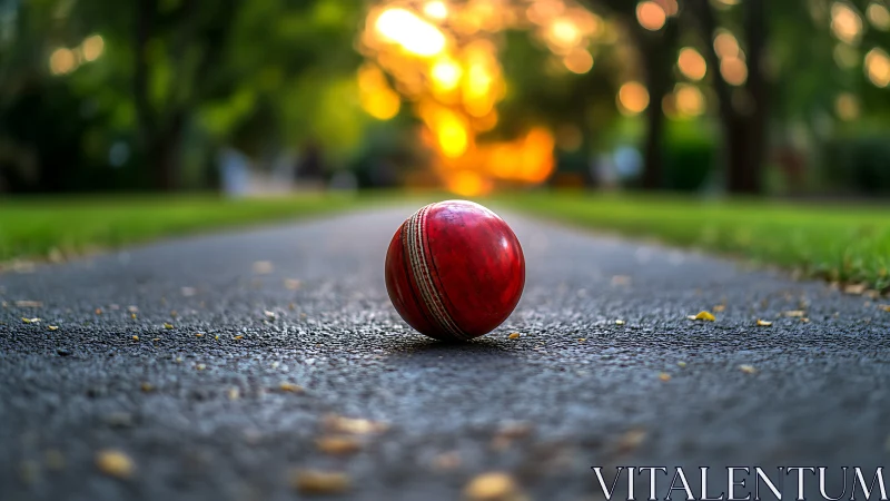 Red cricket ball rests on sunlit asphalt path at sunset