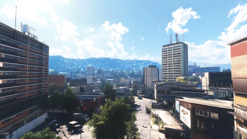 Sunlit city streets drifting toward distant green hills.