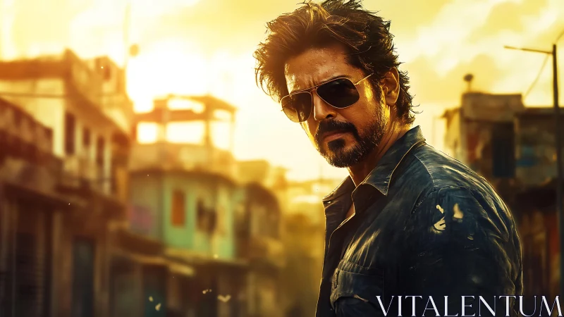 Backlit urban portrait with golden-hour flare and gritty texture