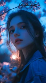 Cinematic twilight portrait in blue hour floral backlight.