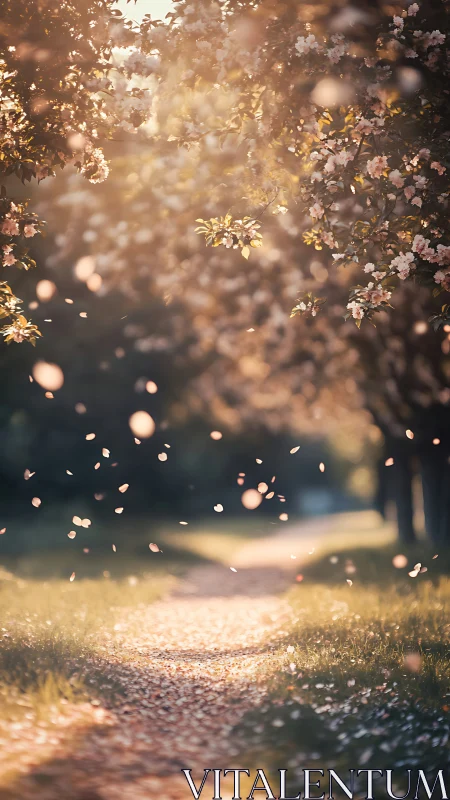 Sunlit blossom path rendered with shallow depth of field