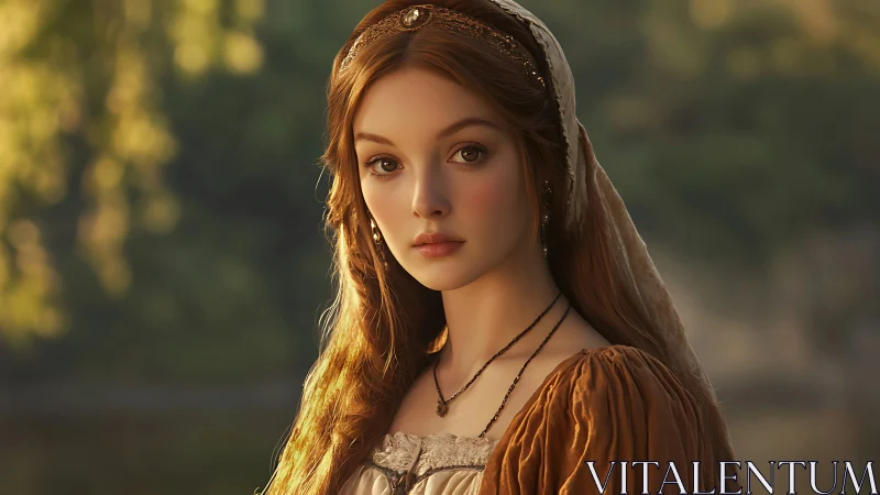 Renaissance style portrait of young woman outdoors at dusk.